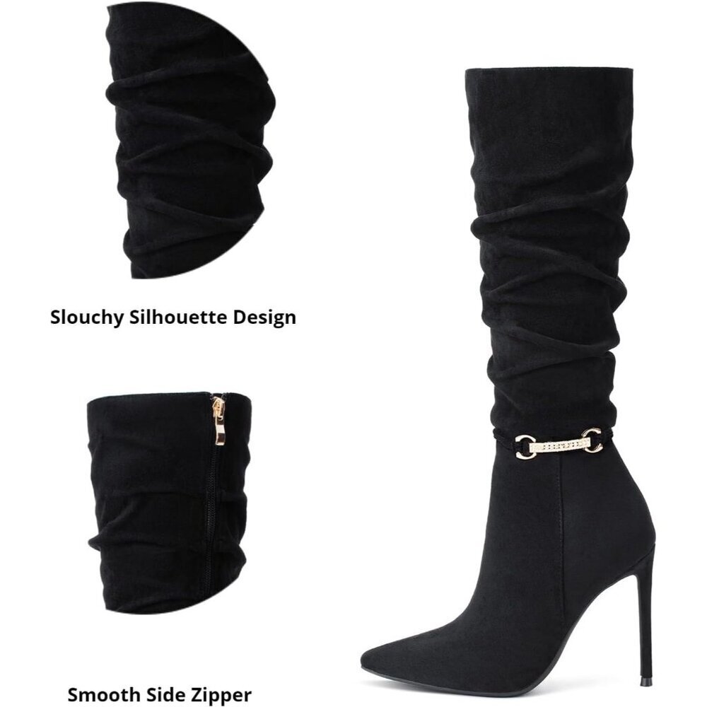 Women's Black Suede  Knee High Side Zipper  Pointed Toe Stylish Dress Boot - Picture 4 of 6